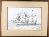 drawing of a ship in a frame on a table