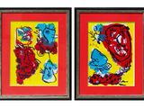 deux tableaux encadrés représentant des dessins d'enfants, sur fond jaune et rouge