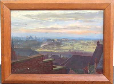 une peinture à l'huile représentant une vue d'une ville depuis une fenêtre