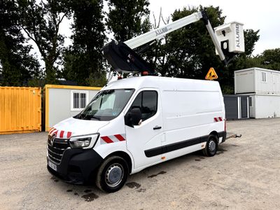 a white van with a crane on top of it