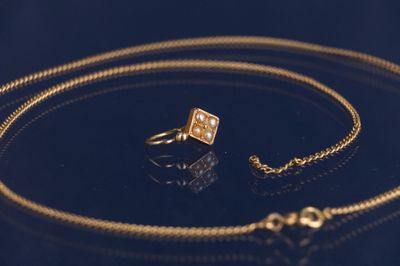 une image représentant un collier et une bague en or sur un fond noir