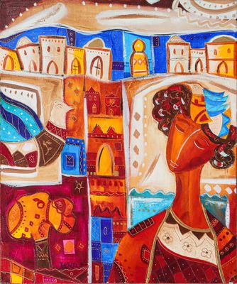 an oil painting of a woman with a bird in her hand in front of a city