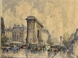 tableau représentant une scène de rue avec des voitures et des passants par temps de pluie