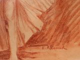 drawing of a woman in a long dress standing in front of a mountain
