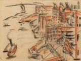 dessin représentant une ville avec un bateau au premier plan