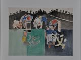 a painting of a group of people sitting on a bench