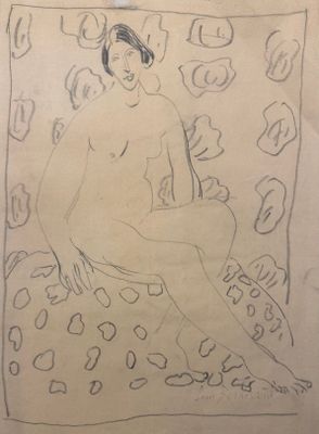 dessin représentant une femme assise sur un tapis dans une pièce