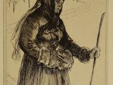 drawing of a woman in a fur coat holding a stick