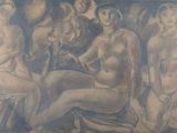 un tableau représentant un groupe de femmes nues assises sur un banc