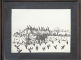 dessin encadré représentant une scène de vie à la ferme avec une charrue et une volée d'oiseaux