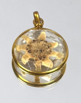 a gold plated pendant with a flower inside of it