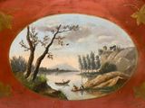 a painting on the wall of a room with a boat in the water