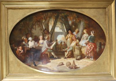 une peinture représentant un groupe de personnes dans un cadre boisé