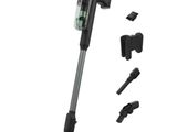 a black and silver vacuum cleaner with accessories on a white background
