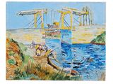 une peinture représentant une peinture d'un pont enjambant un plan d'eau