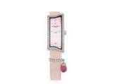 the watch is pink and has a heart charm on the strap