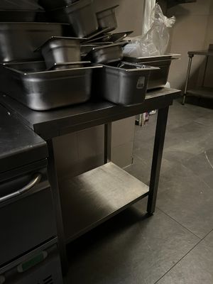 de nombreuses casseroles et poêles posées sur une table dans une cuisine