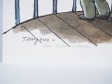 a drawing of a man standing on a bridge