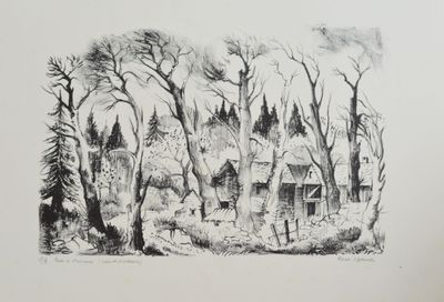 dessin au crayon représentant une maison dans les bois, entourée d'arbres et de buissons