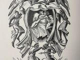 a black and white drawing of a woman surrounded by birds