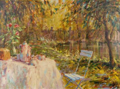 un tableau représentant une table sur laquelle se trouvent une chaise et un vase