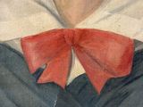 portrait of a woman in a blue dress with a red bow
