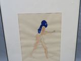 tableau représentant une femme coiffée d'un chapeau bleu marchant sur une estrade en bois