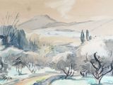 une image représentant un tableau représentant un paysage avec des arbres et des montagnes en arrière-plan