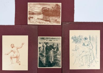 four different colored drawings of a man and a woman in a field
