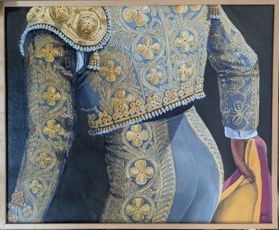 un tableau représentant un torero vêtu d'un costume doré et bleu