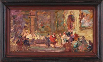 une peinture à l'huile représentant un groupe de personnes assises autour d'une table