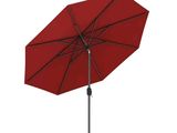 an open red umbrella with a black pole on a white background
