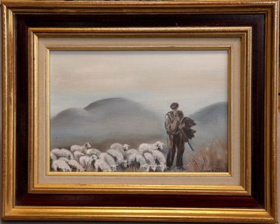 painting of a man with a dog and a flock of sheep in a field