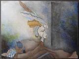 a painting of a woman sitting on a couch in a room