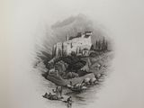 an old book with a drawing of a castle on top of a hill