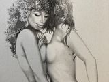 pencil drawing of a woman and a cat in a bathing suit