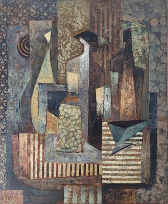 une image représentant une nature morte avec des vases et un oiseau