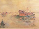 une peinture représentant une scène portuaire avec des bateaux dans l'eau