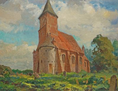 painting of a church with a steeple and a graveyard in the foreground