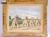 un tableau représentant un groupe de bottes de paille dans un champ