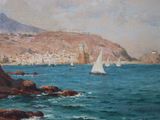 a painting of a sailboat in the water near a rocky shore