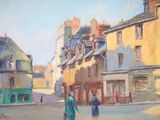 a painting of two people walking down the street