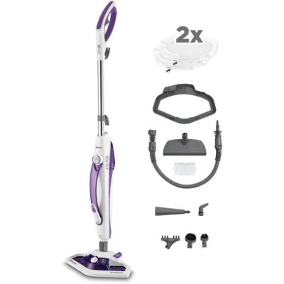 un balai vapeur blanc et violet avec un manche violet