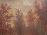 a picture of a painting of a man and a dog in a wooded area