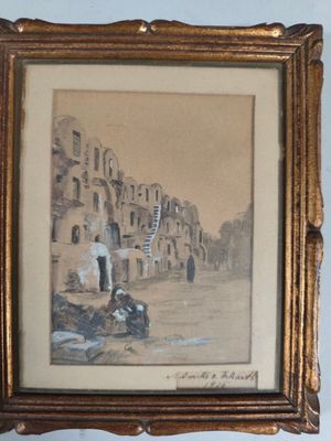 painting of a street scene with a man and a woman sitting on the ground