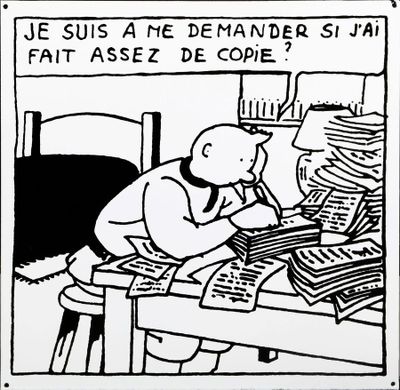 cartoon drawing of a man sitting at a desk with a pile of papers