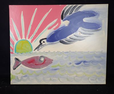 un tableau représentant un oiseau et un poisson dans l'eau