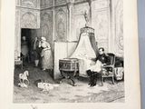 an old black and white drawing of a man and woman in a bedroom
