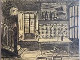 a drawing of a living room with a couch and a table