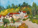 an oil painting of a village with a river in the foreground and a mountain in the background